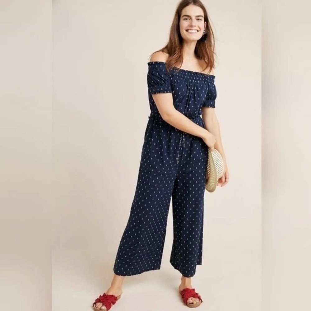 Anthropologie Navy Polka Dot Jumpsuit